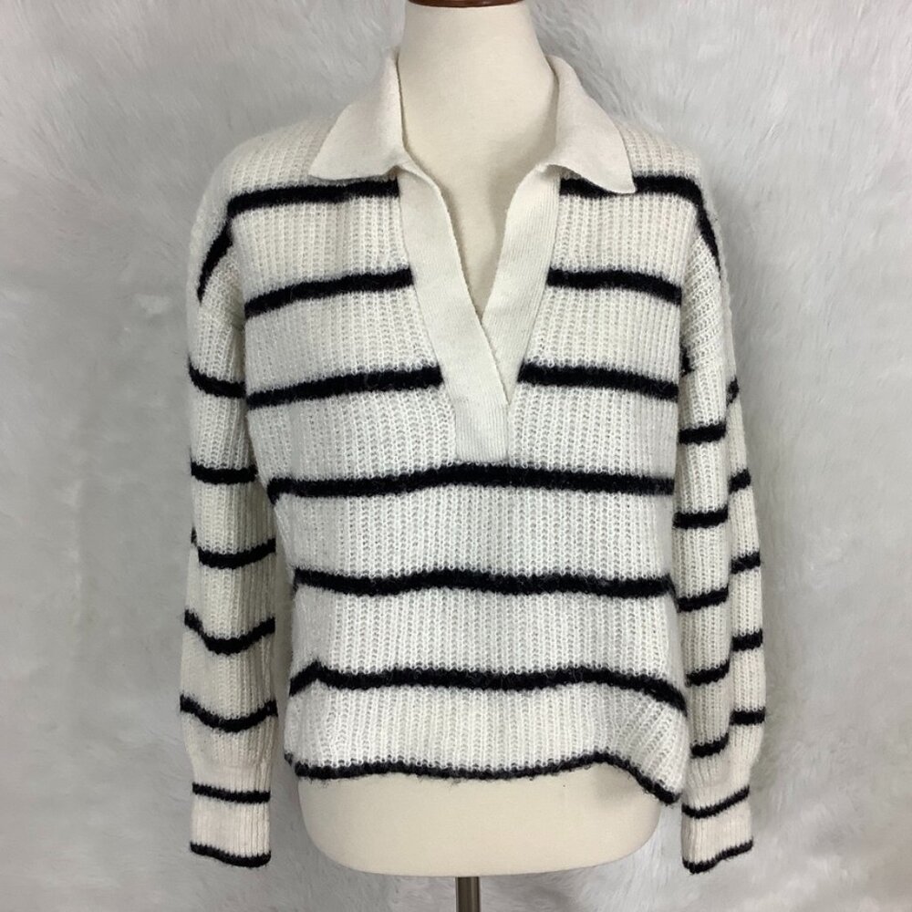 Eleven Six Black & Ivory Stripe Polo Collared Alpaca Blend Tatum Sweater XS/S
